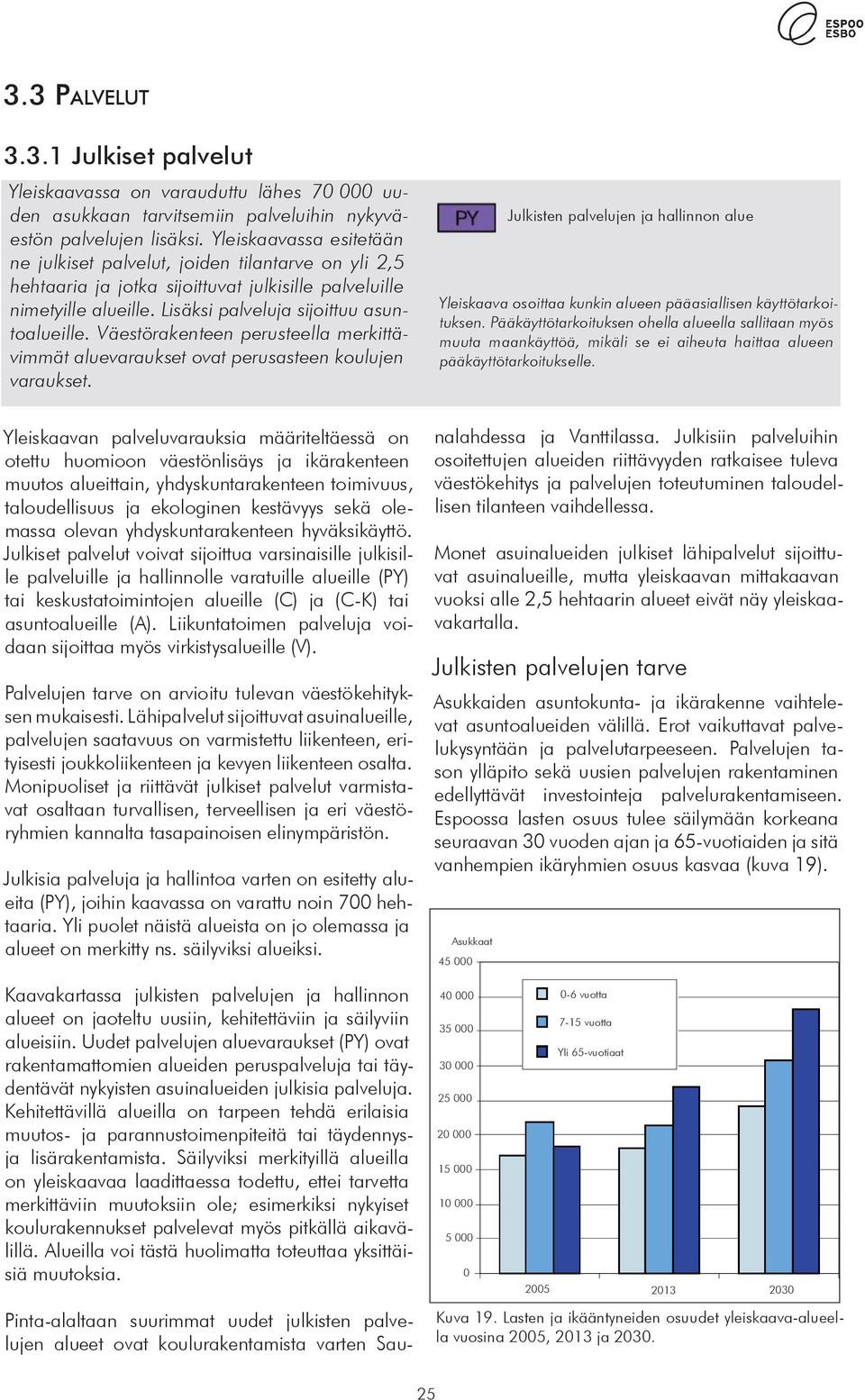 Väestörakenteen perusteella merkittävimmät aluevaraukset ovat perusasteen koulujen varaukset. Julkisten palvelujen ja hallinnon alue Yleiskaava osoittaa kunkin alueen pääasiallisen käyttötarkoituksen.