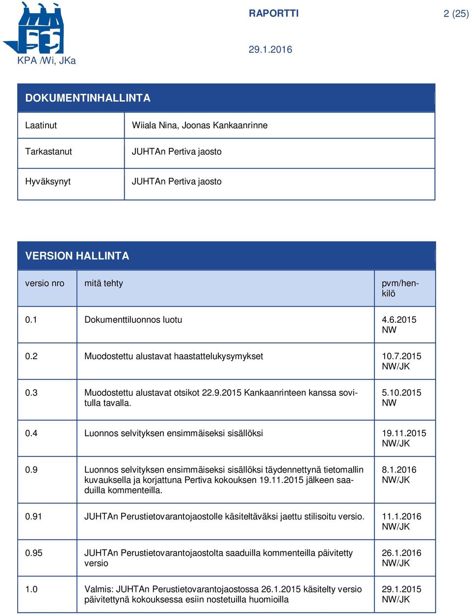 11.2015 NW/JK 0.9 Luonnos selvityksen ensimmäiseksi sisällöksi täydennettynä tietomallin kuvauksella ja korjattuna Pertiva kokouksen 19.11.2015 jälkeen saaduilla kommenteilla. 8.1.2016 NW/JK 0.