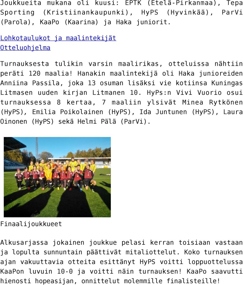 Hanakin maalintekijä oli Haka junioreiden Anniina Passila, joka 13 osuman lisäksi vie kotiinsa Kuningas Litmasen uuden kirjan Litmanen 10.