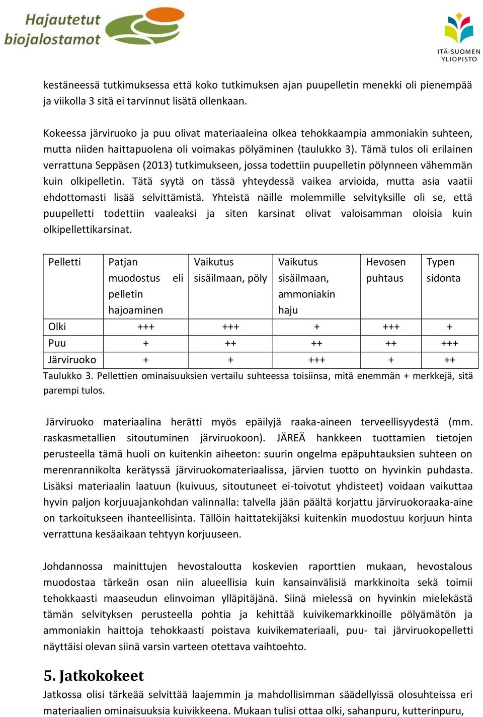 Tämä tulos oli erilainen verrattuna Seppäsen (2013) tutkimukseen, jossa todettiin puupelletin pölynneen vähemmän kuin olkipelletin.