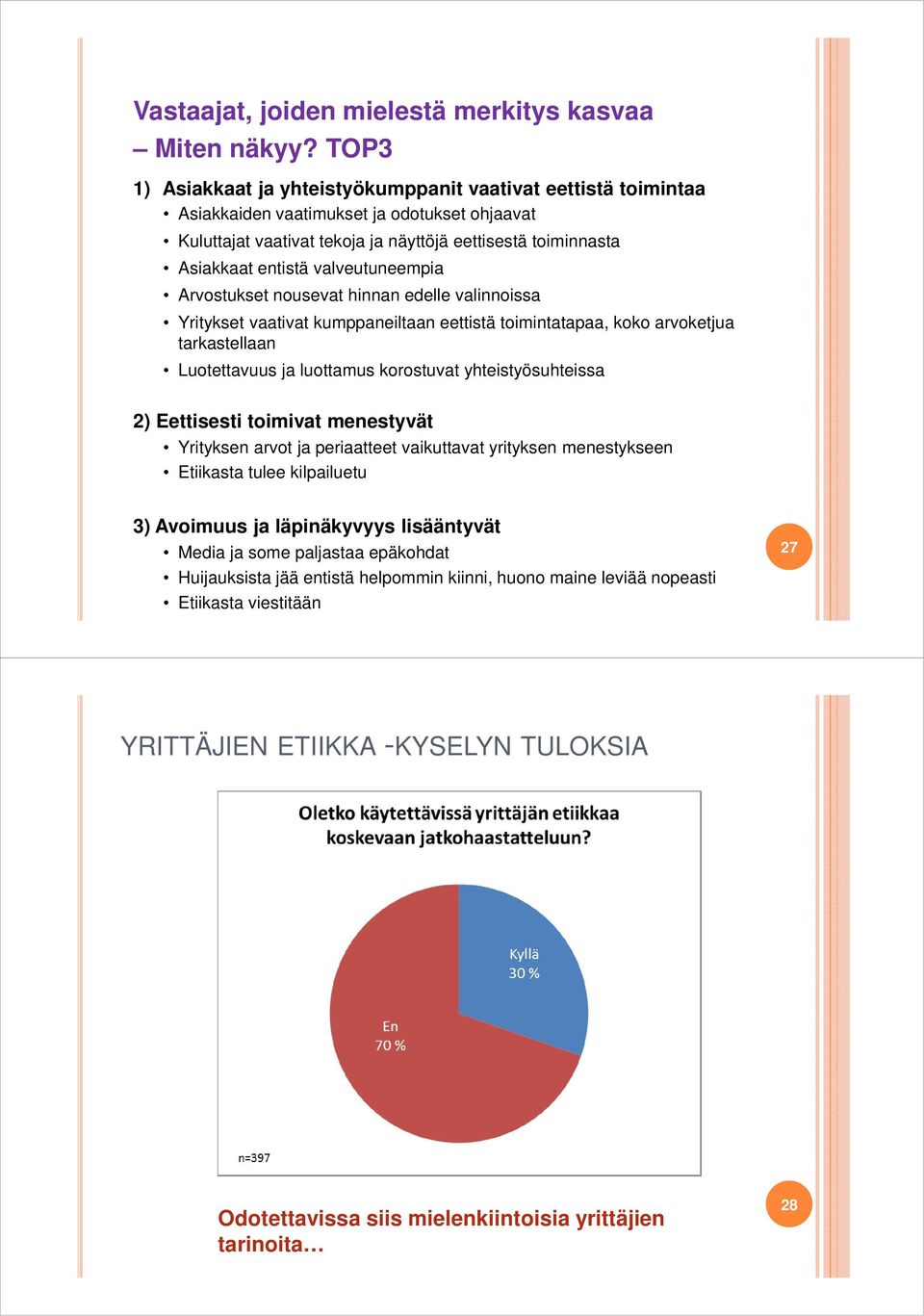 valveutuneempia Arvostukset nousevat hinnan edelle valinnoissa Yritykset vaativat kumppaneiltaan eettistä toimintatapaa, koko arvoketjua tarkastellaan Luotettavuus ja luottamus korostuvat