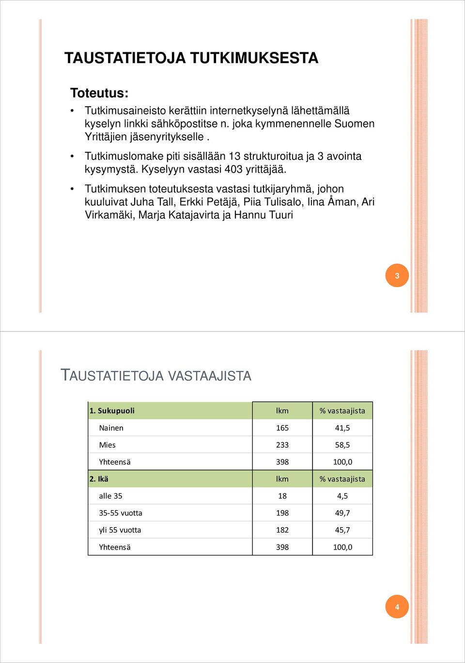 Tutkimuksen toteutuksesta vastasi tutkijaryhmä, johon kuuluivat Juha Tall, Erkki Petäjä, Piia Tulisalo, Iina Åman, Ari Virkamäki, Marja Katajavirta ja Hannu Tuuri 3