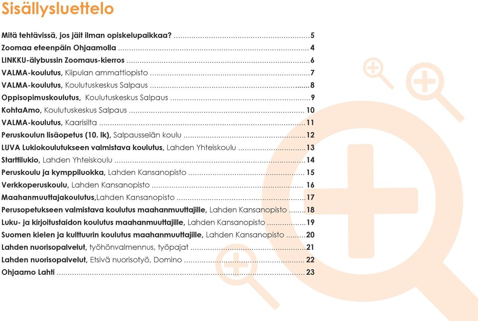 lk), Salpausselän koulu...12 LUVA Lukiokoulutukseen valmistava koulutus, Lahden Yhteiskoulu...13 Starttilukio, Lahden Yhteiskoulu... 14 Peruskoulu ja kymppiluokka, Lahden Kansanopisto.