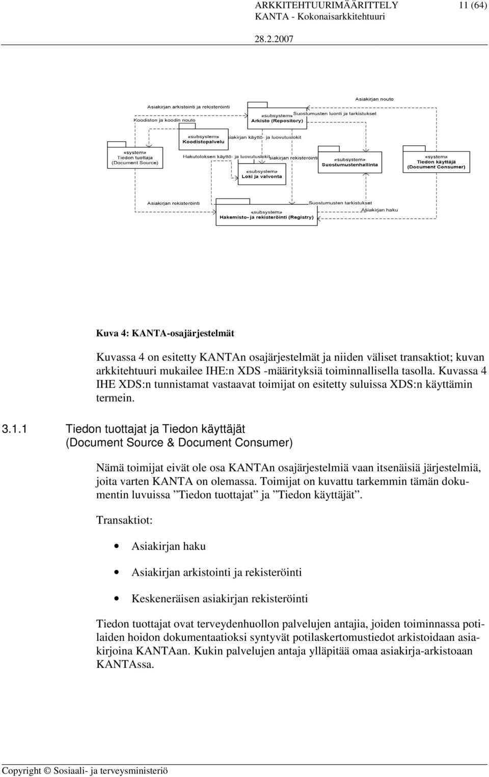 1 Tiedon tuottajat ja Tiedon käyttäjät (Document Source & Document Consumer) Nämä toimijat eivät ole osa KANTAn osajärjestelmiä vaan itsenäisiä järjestelmiä, joita varten KANTA on olemassa.