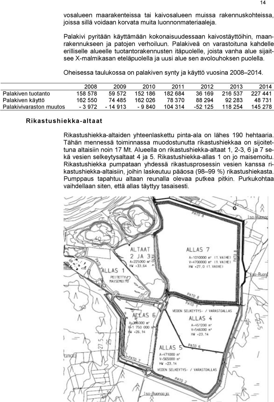 Palakiveä on varastoituna kahdelle erilliselle alueelle tuotantorakennusten itäpuolelle, joista vanha alue sijaitsee X-malmikasan eteläpuolella ja uusi alue sen avolouhoksen puolella.