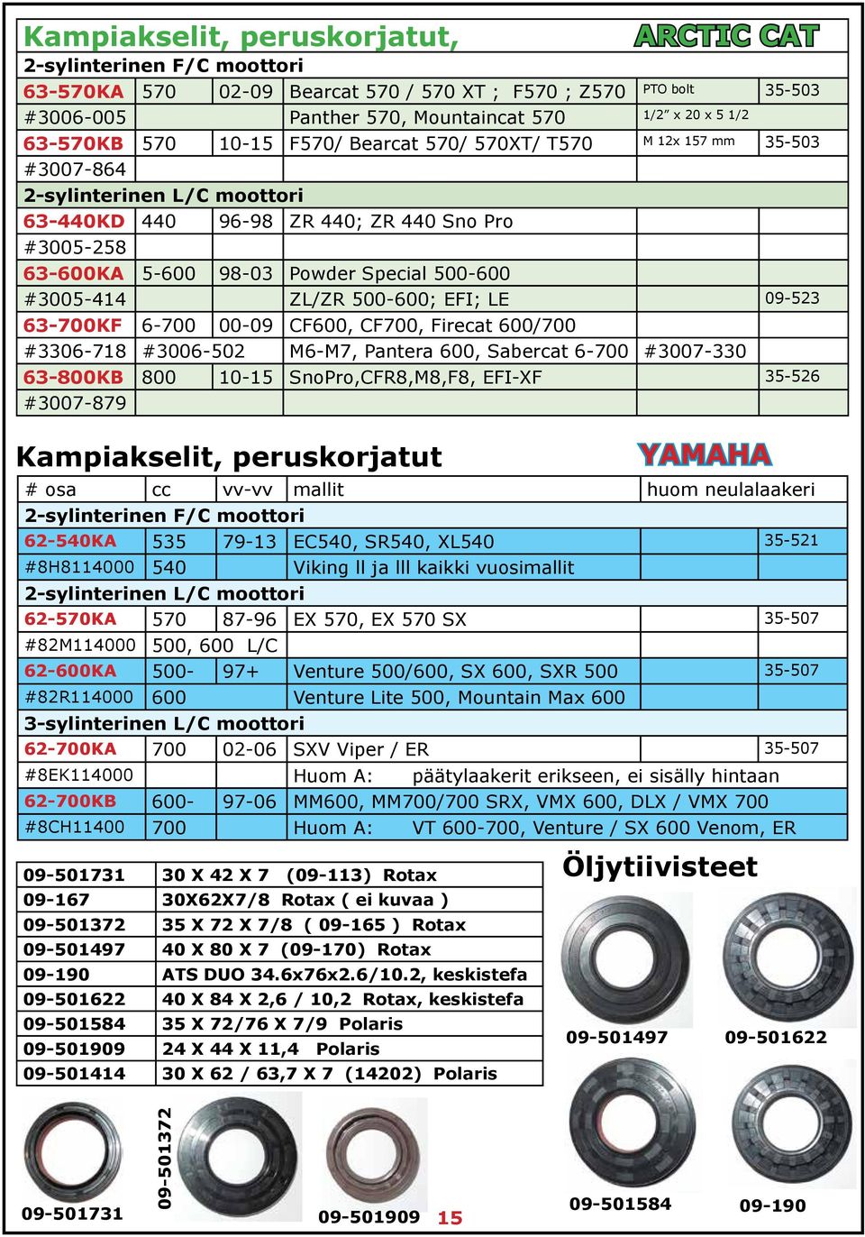 500-600 #3005-414 ZL/ZR 500-600; EFI; LE 09-523 63-700KF 6-700 00-09 CF600, CF700, Firecat 600/700 #3306-718 #3006-502 M6-M7, Pantera 600, Sabercat 6-700 #3007-330 63-800KB 800 10-15