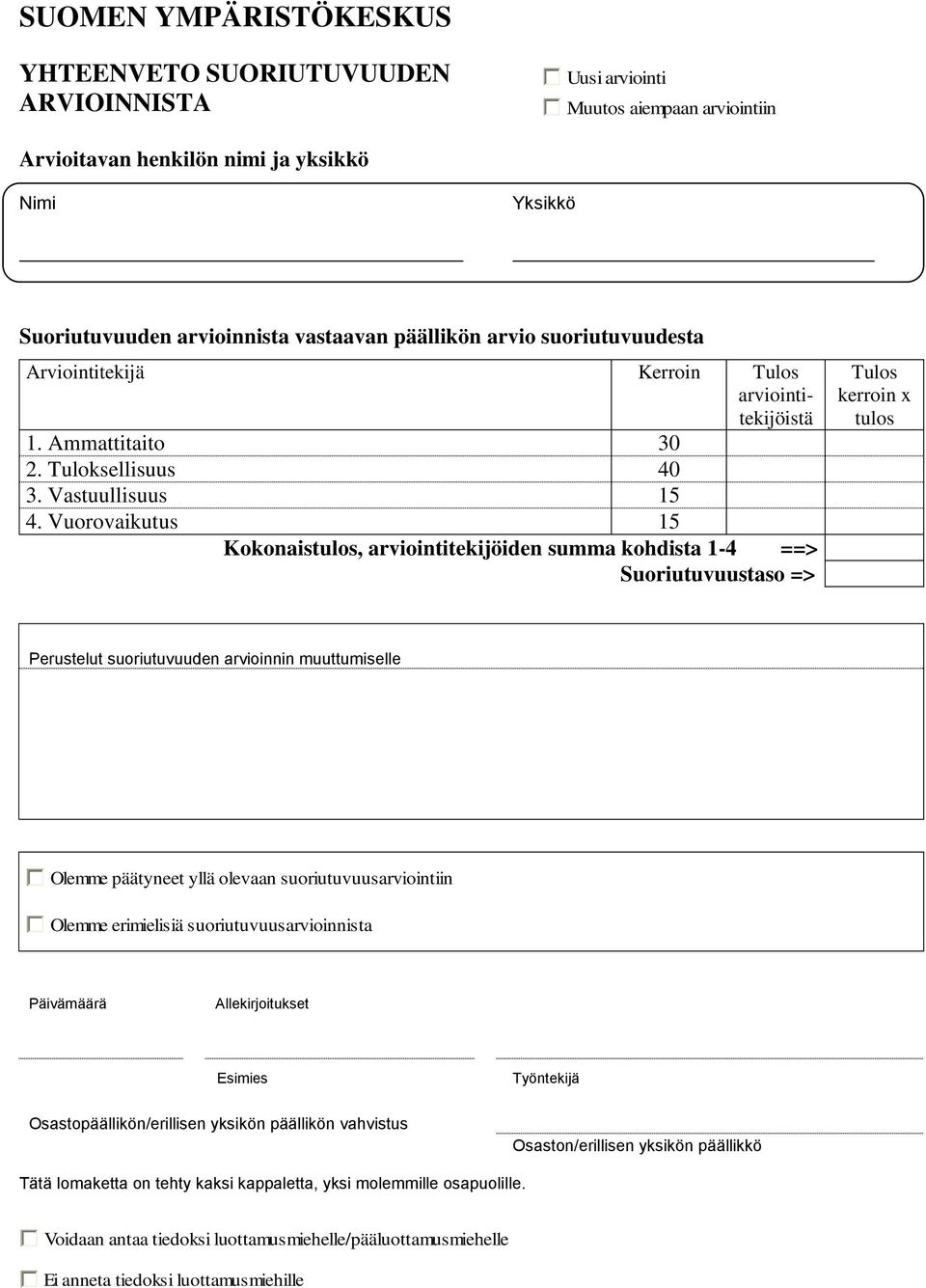 Vuorovaikutus 15 Kokonaistulos, arviointitekijöiden summa kohdista 1-4 ==> Suoriutuvuustaso => Tulos kerroin x tulos Perustelut suoriutuvuuden arvioinnin muuttumiselle Olemme päätyneet yllä olevaan