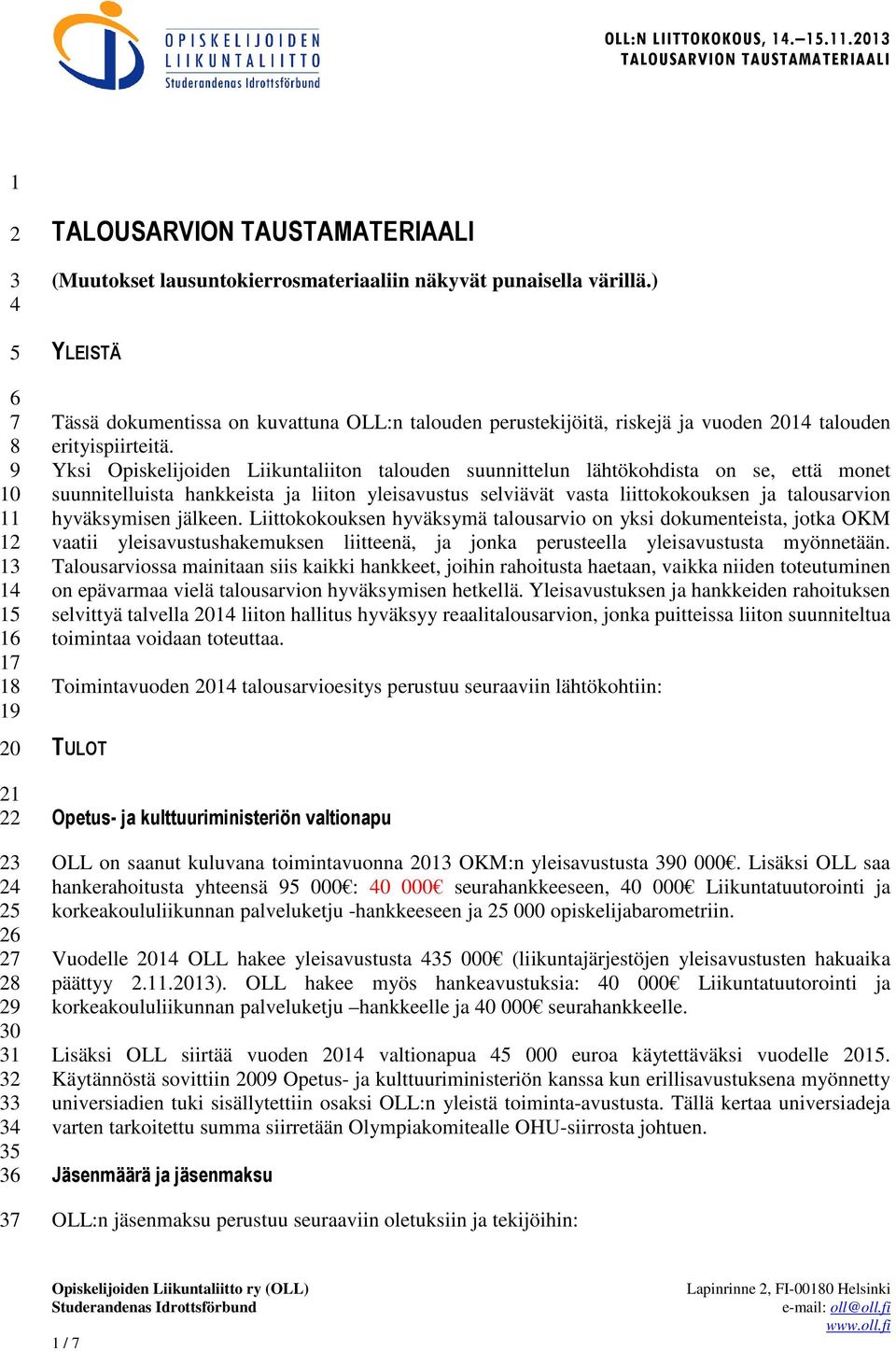 Yksi Opiskelijoiden Liikuntaliiton talouden suunnittelun lähtökohdista on se, että monet suunnitelluista hankkeista ja liiton yleisavustus selviävät vasta liittokokouksen ja talousarvion hyväksymisen