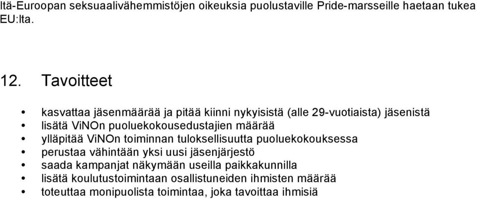 puoluekokousedustajien määrää ylläpitää ViNOn toiminnan tuloksellisuutta puoluekokouksessa perustaa vähintään yksi uusi