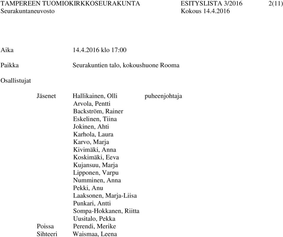 Pentti Backström, Rainer Eskelinen, Tiina Jokinen, Ahti Karhola, Laura Karvo, Marja Kivimäki, Anna Koskimäki, Eeva