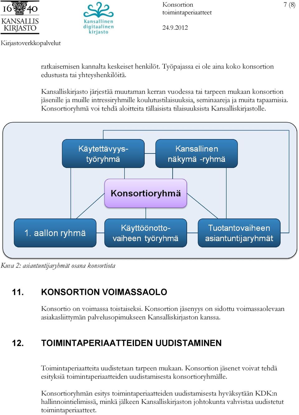 Konsortioryhmä voi tehdä aloitteita tällaisista tilaisuuksista Kansalliskirjastolle. Kuva 2: asiantuntijaryhmät osana konsortiota 11. KONSORTION VOIMASSAOLO Konsortio on voimassa toistaiseksi.