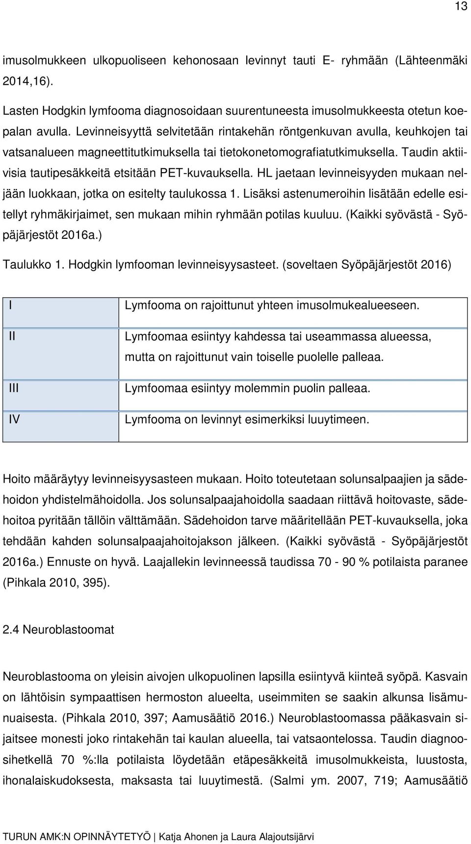 Taudin aktiivisia tautipesäkkeitä etsitään PET-kuvauksella. HL jaetaan levinneisyyden mukaan neljään luokkaan, jotka on esitelty taulukossa 1.