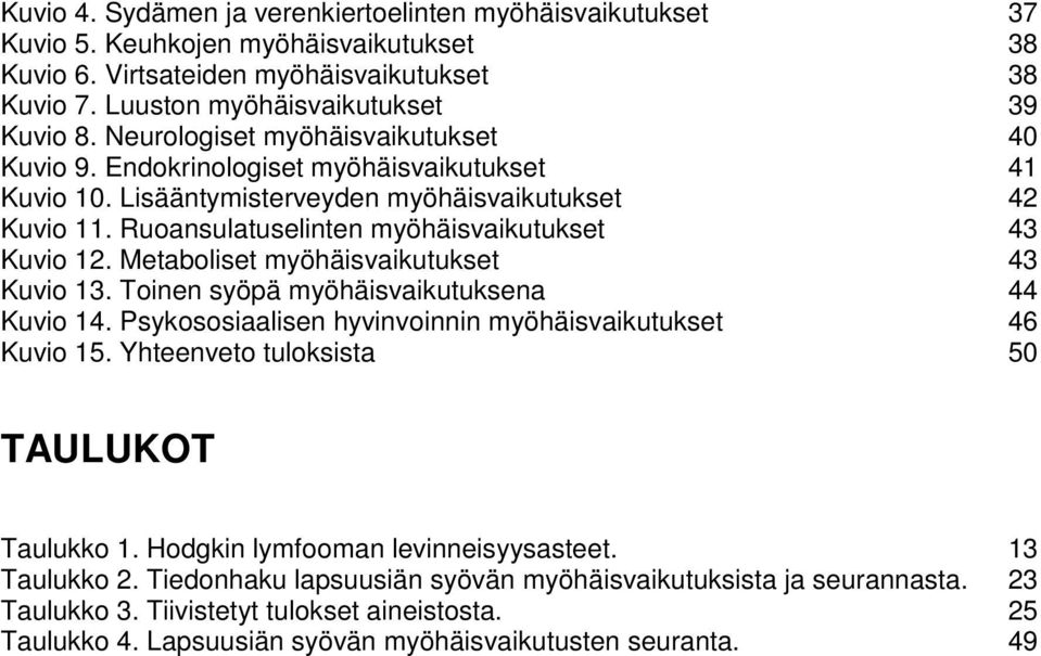 Metaboliset myöhäisvaikutukset 43 Kuvio 13. Toinen syöpä myöhäisvaikutuksena 44 Kuvio 14. Psykososiaalisen hyvinvoinnin myöhäisvaikutukset 46 Kuvio 15. Yhteenveto tuloksista 50 TAULUKOT Taulukko 1.