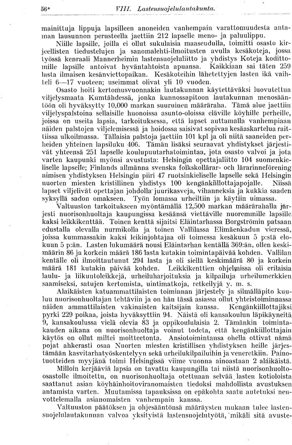 lastensuojeluliitto ja yhdistys Koteja kodittomille lapsille antoivat hyväntahtoista apuansa. Kaikkiaan sai täten 259 lasta ilmaisen kesänviettopaikan.