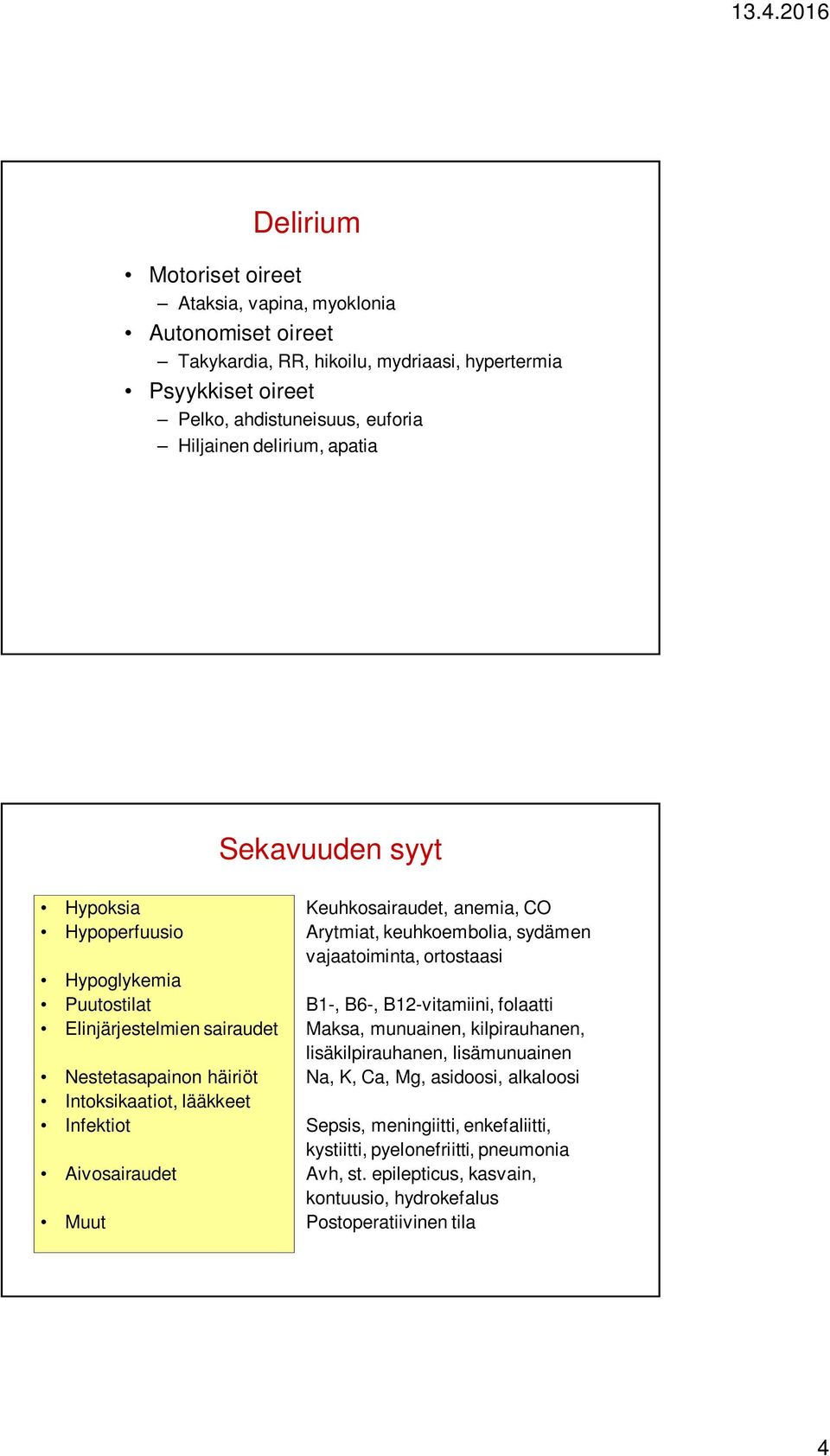 Muut Keuhkosairaudet, anemia, CO Arytmiat, keuhkoembolia, sydämen vajaatoiminta, ortostaasi B1-, B6-, B12-vitamiini, folaatti Maksa, munuainen, kilpirauhanen, lisäkilpirauhanen,