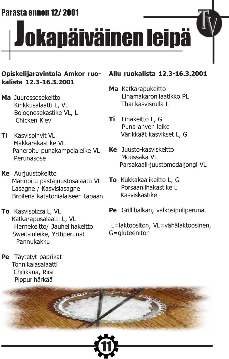 pastajuustosalaatti VL Lasagne / Kasvislasagne Broileria katatonialaiseen tapaan To Kasvispizza L, VL Katkarapusalaatti L, VL Hernekeitto/ Jauhelihakeitto Sweitsinleike, Yrttiperunat Pannukakku Allu