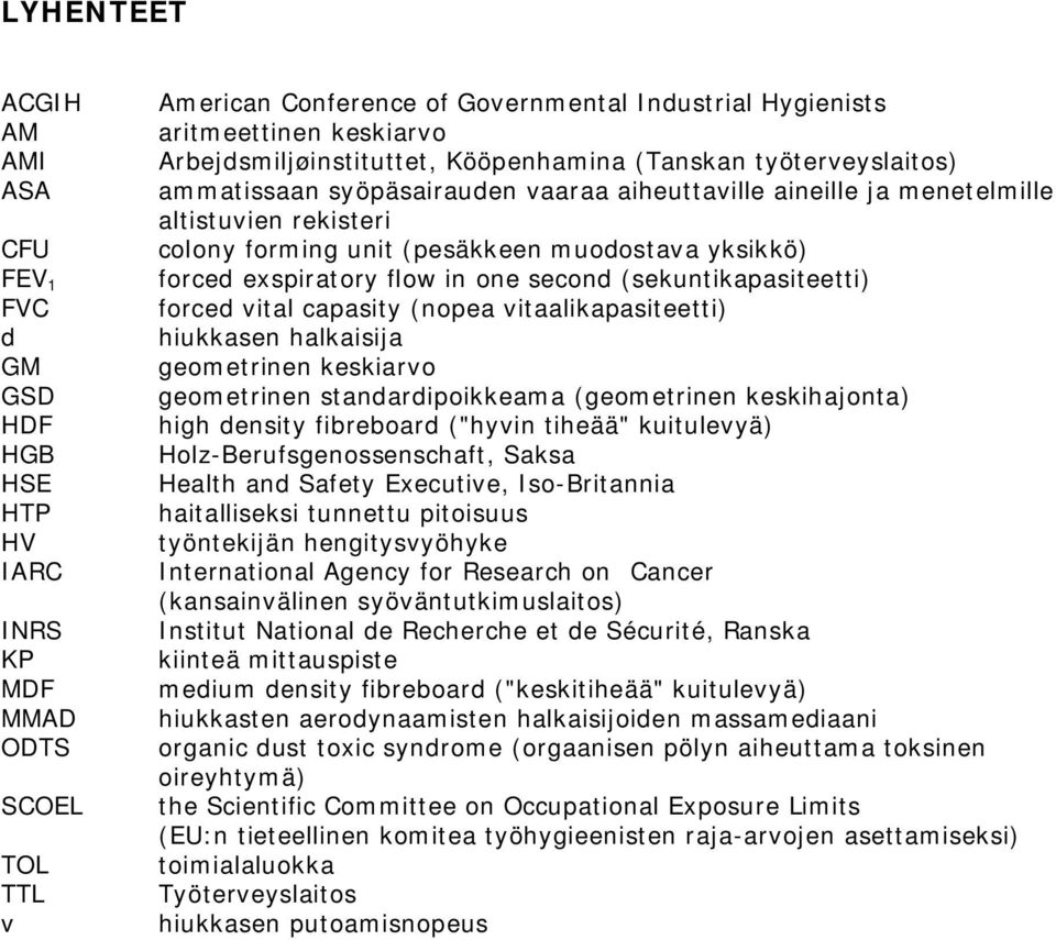 muodostava yksikkö) forced exspiratory flow in one second (sekuntikapasiteetti) forced vital capasity (nopea vitaalikapasiteetti) hiukkasen halkaisija geometrinen keskiarvo geometrinen