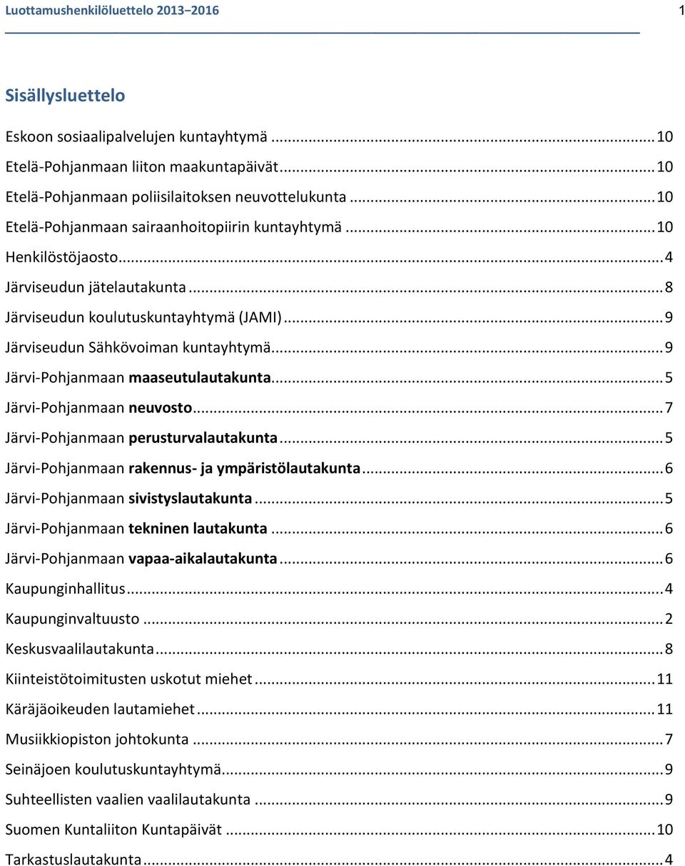 .. 9 Järvi-Pohjanmaan maaseutulautakunta... 5 Järvi-Pohjanmaan neuvosto... 7 Järvi-Pohjanmaan perusturvalautakunta... 5 Järvi-Pohjanmaan rakennus- ja ympäristölautakunta.