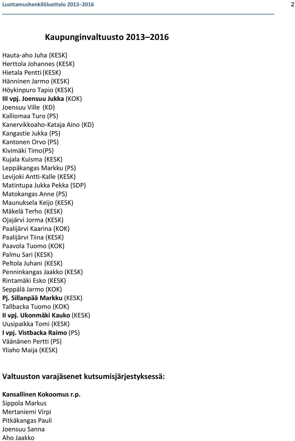 Levijoki Antti-Kalle (KESK) Matintupa Jukka Pekka (SDP) Matokangas Anne (PS) Maunuksela Keijo (KESK) Mäkelä Terho (KESK) Ojajärvi Jorma (KESK) Paalijärvi Kaarina (KOK) Paalijärvi Tiina (KESK) Paavola