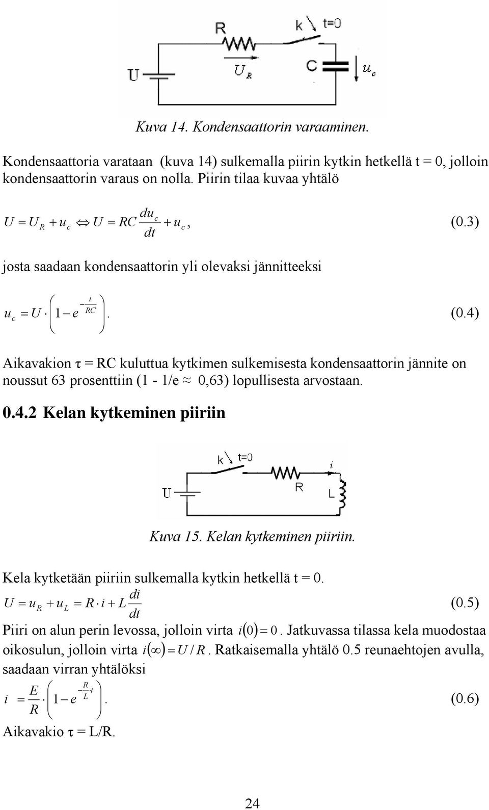 4) Aikavakion τ = RC kuluttua kytkimen sulkemisesta kondensaattorin jännite on noussut 63 prosenttiin (1-1/e 0,63) lopullisesta arvostaan. 0.4.2 Kelan kytkeminen piiriin Kuva 15.