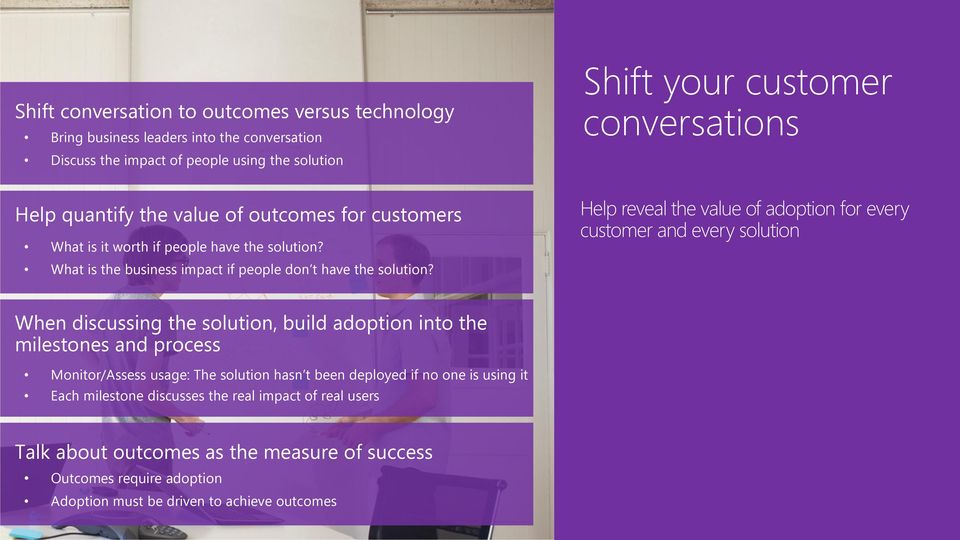 Shift your customer conversations Help reveal the value of adoption for every customer and every solution When discussing the solution, build adoption into the milestones and process