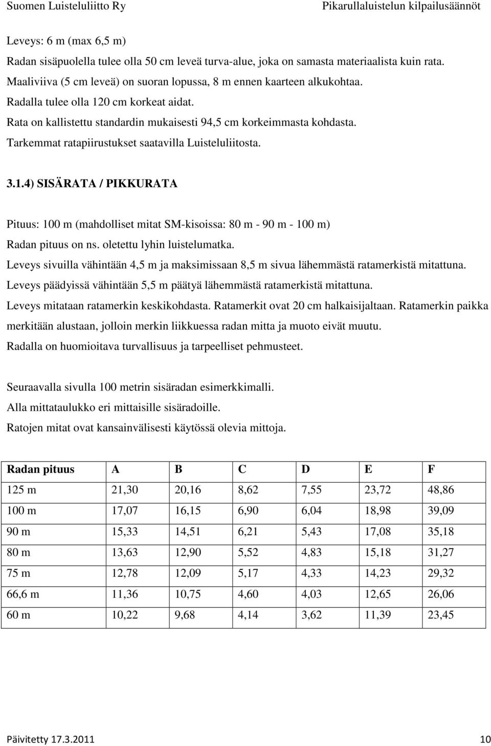 oletettu lyhin luistelumatka. Leveys sivuilla vähintään 4,5 m ja maksimissaan 8,5 m sivua lähemmästä ratamerkistä mitattuna. Leveys päädyissä vähintään 5,5 m päätyä lähemmästä ratamerkistä mitattuna.