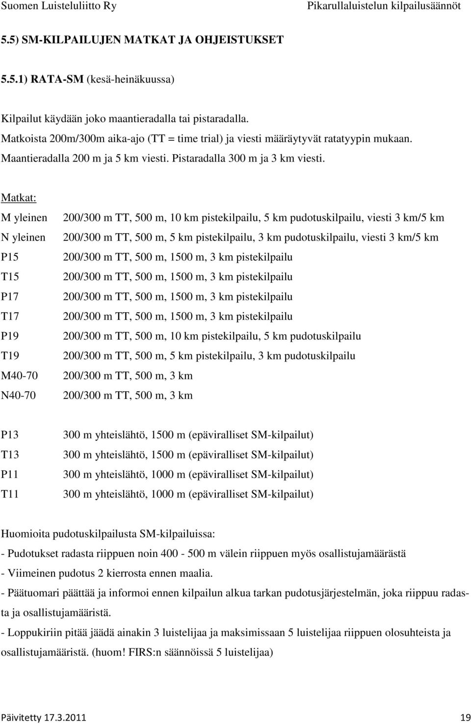 Matkat: M yleinen 200/300 m TT, 500 m, 10 km pistekilpailu, 5 km pudotuskilpailu, viesti 3 km/5 km N yleinen 200/300 m TT, 500 m, 5 km pistekilpailu, 3 km pudotuskilpailu, viesti 3 km/5 km P15