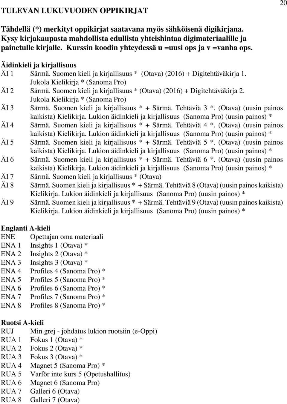 Suomen kieli ja kirjallisuus * (Otava) (06) + Digitehtäväkirja. Jukola Kielikirja * (Sanoma Pro) ÄI 3 Särmä. Suomen kieli ja kirjallisuus * + Särmä. Tehtäviä 3 *.