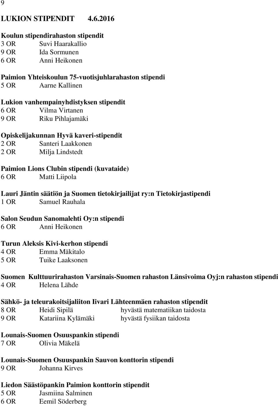 stipendit 6 OR Vilma Virtanen 9 OR Riku Pihlajamäki Opiskelijakunnan Hyvä kaveri-stipendit OR Santeri Laakkonen OR Milja Lindstedt Paimion Lions Clubin stipendi (kuvataide) 6 OR Matti Liipola Lauri