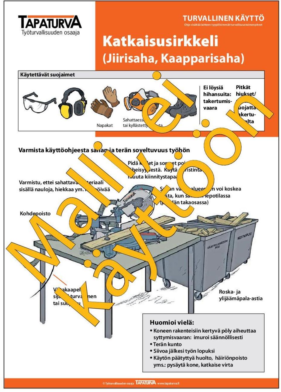 Sahattaessa kovaa tai kyllästettyä puuta Pidä kädet ja sormet pois terän läheisyydestä.