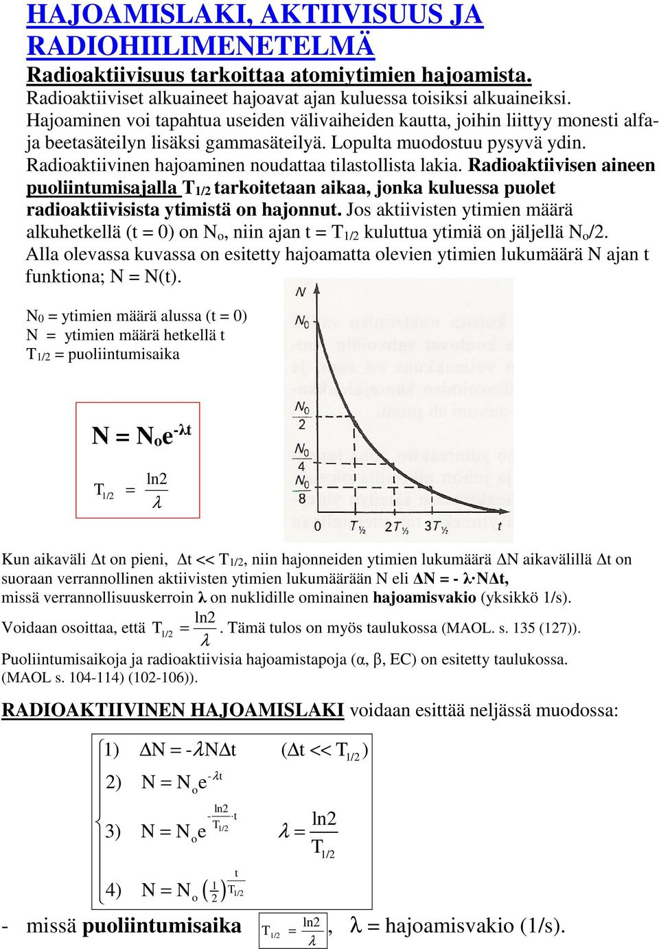 kuluessa pule radiakiivisisa yimisä n hajnnu Js akiivisen yimien määrä alkuhekellä ( = 0) n N, niin ajan = T /2 kuluua yimiä n jäljellä N /2 lla levassa kuvassa n esiey hajamaa levien yimien