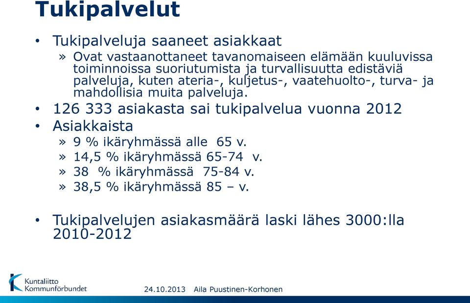 muita palveluja. 126 333 asiakasta sai tukipalvelua vuonna 2012 Asiakkaista» 9 % ikäryhmässä alle 65 v.