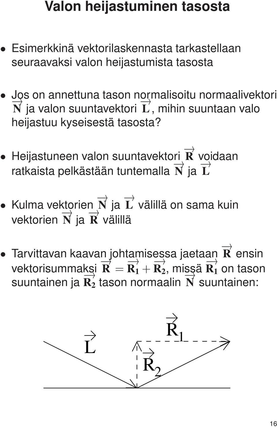 Heijastuneen valon suuntavektori R voidaan ratkaista pelkästään tuntemalla N ja L Kulma vektorien N ja L välillä on sama kuin vektorien N