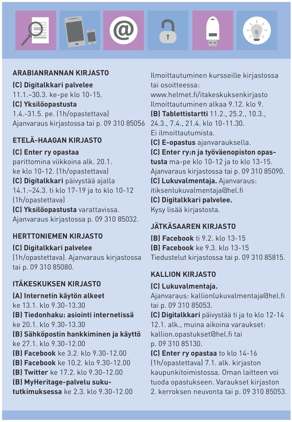 Ajanvaraus kirjastossa p. 09 310 85032. HERTTONIEMEN KIRJASTO (C) Digitalkkari palvelee (1h /opastettava). Ajanvaraus kirjastossa tai p. 09 310 85080.