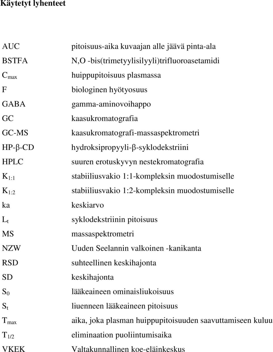 suuren erotuskyvyn nestekromatografia stabiiliusvakio 1:1-kompleksin muodostumiselle stabiiliusvakio 1:2-kompleksin muodostumiselle keskiarvo syklodekstriinin pitoisuus massaspektrometri Uuden