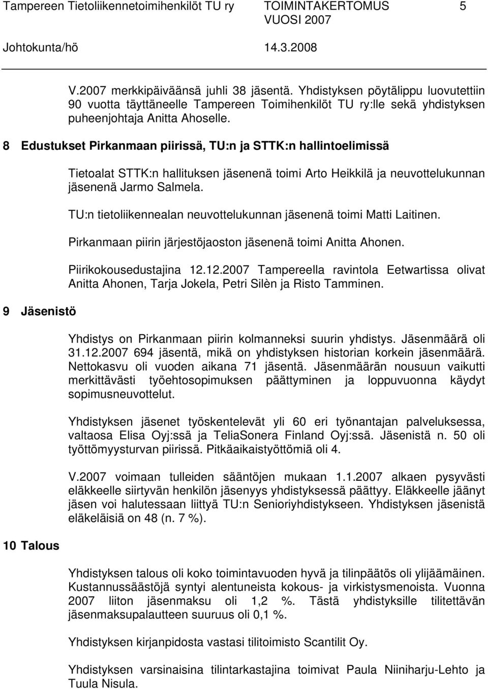 8 Edustukset Pirkanmaan piirissä, TU:n ja STTK:n hallintoelimissä 9 Jäsenistö 10 Talous Tietoalat STTK:n hallituksen jäsenenä toimi Arto Heikkilä ja neuvottelukunnan jäsenenä Jarmo Salmela.