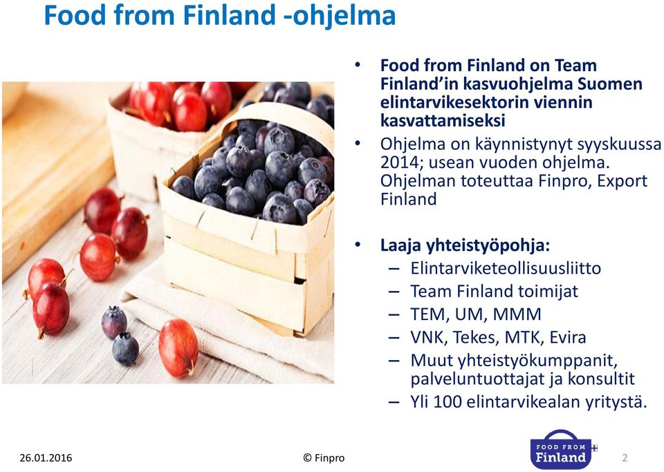 Ohjelman toteuttaa Finpro, Export Finland Laaja yhteistyöpohja: Elintarviketeollisuusliitto Team Finland