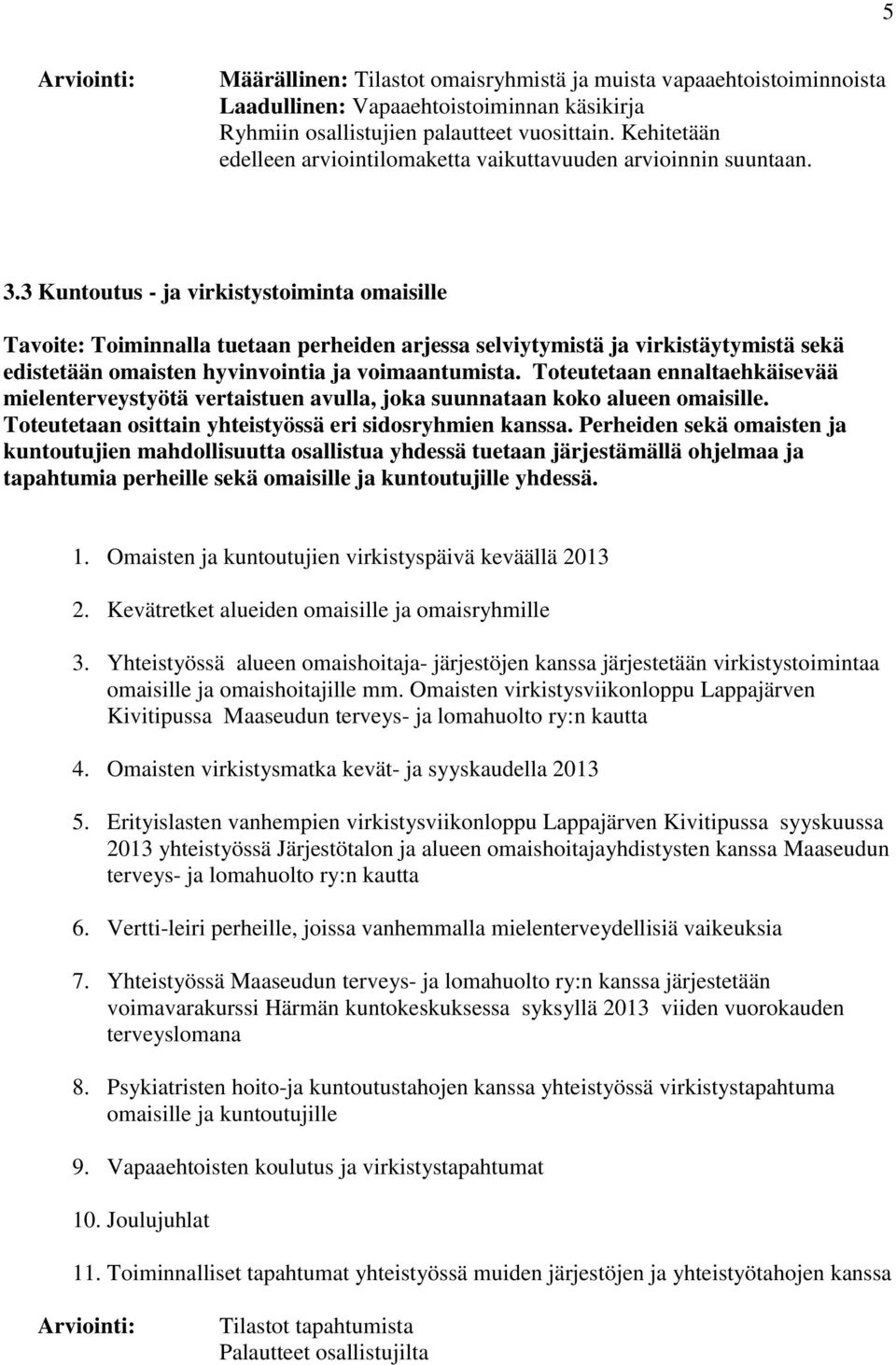 3 Kuntoutus - ja virkistystoiminta omaisille Tavoite: Toiminnalla tuetaan perheiden arjessa selviytymistä ja virkistäytymistä sekä edistetään omaisten hyvinvointia ja voimaantumista.