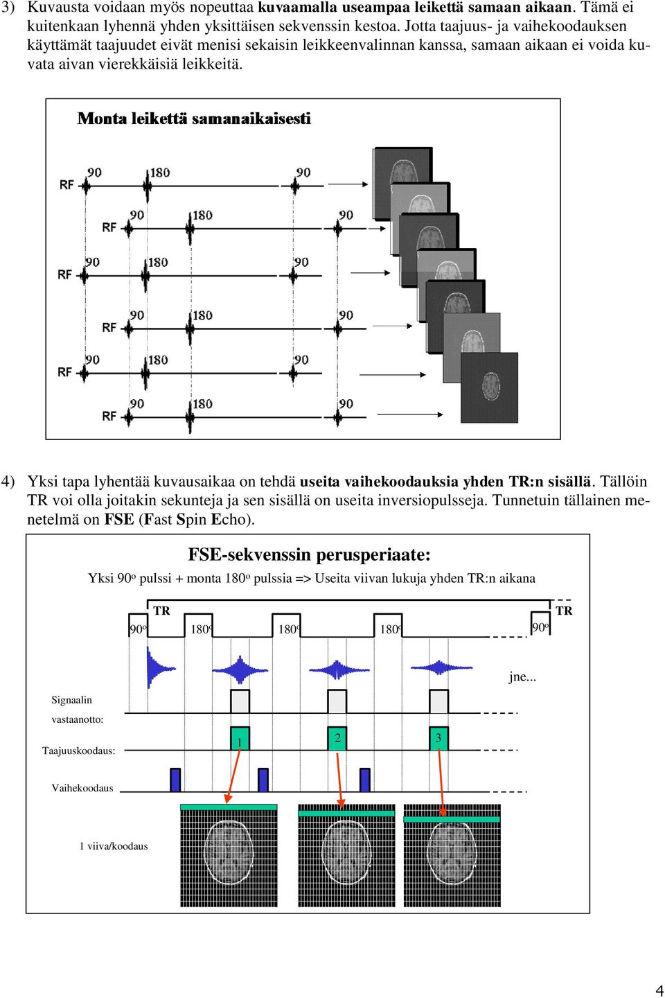 4) Yksi tapa lyhentää kuvausaikaa on tehdä useita vaihekoodauksia yhden TR:n sisällä. Tällöin TR voi olla joitakin sekunteja ja sen sisällä on useita inversiopulsseja.