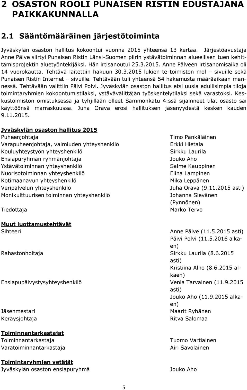 Anne Pälveen irtisanomisaika oli 14 vuorokautta. Tehtävä laitettiin hakuun 30.3.2015 lukien te-toimiston mol sivuille sekä Punaisen Ristin Internet sivuille.