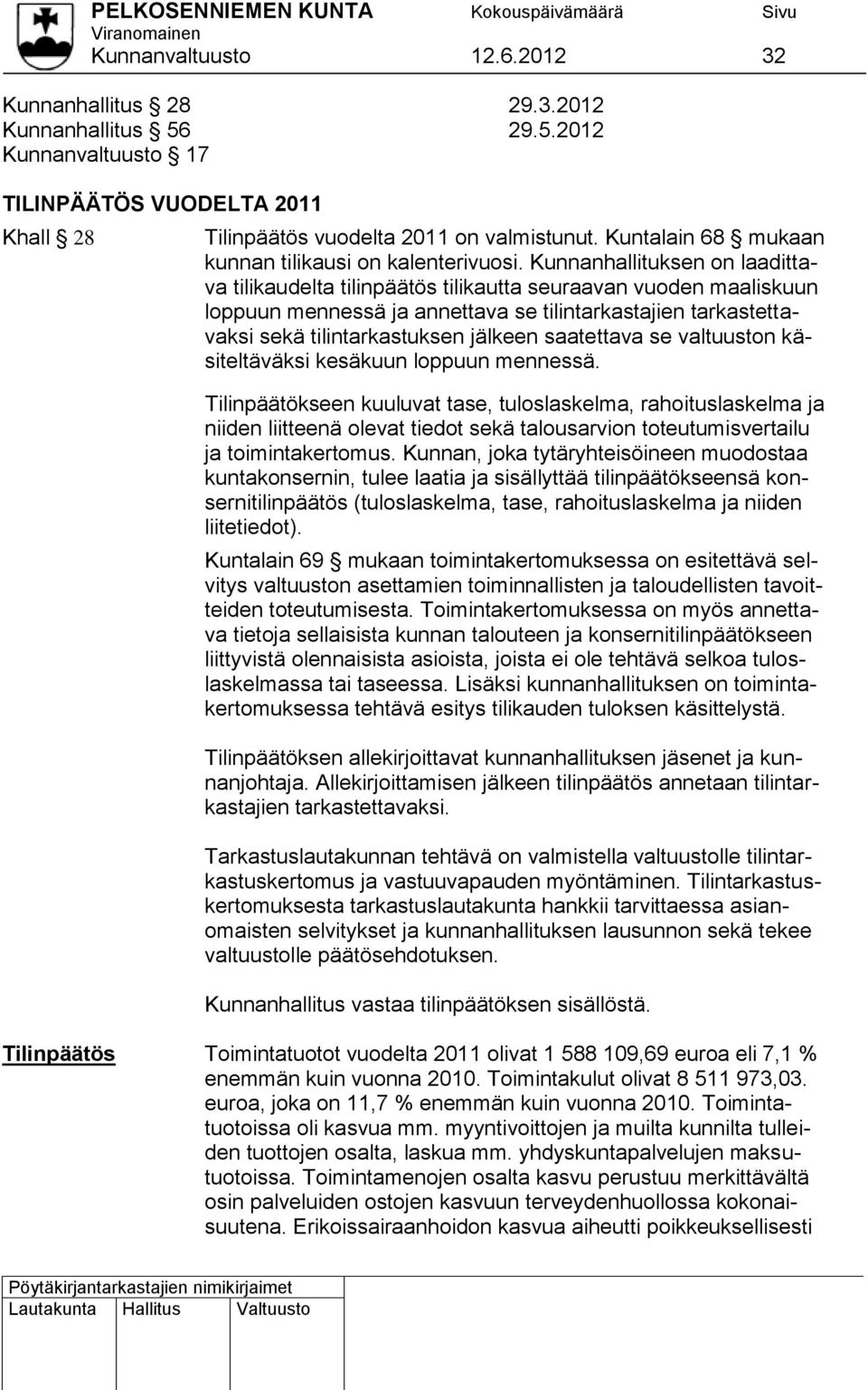 Kunnanhallituksen on laadittava tilikaudelta tilinpäätös tilikautta seuraavan vuoden maaliskuun loppuun mennessä ja annettava se tilintarkastajien tarkastettavaksi sekä tilintarkastuksen jälkeen