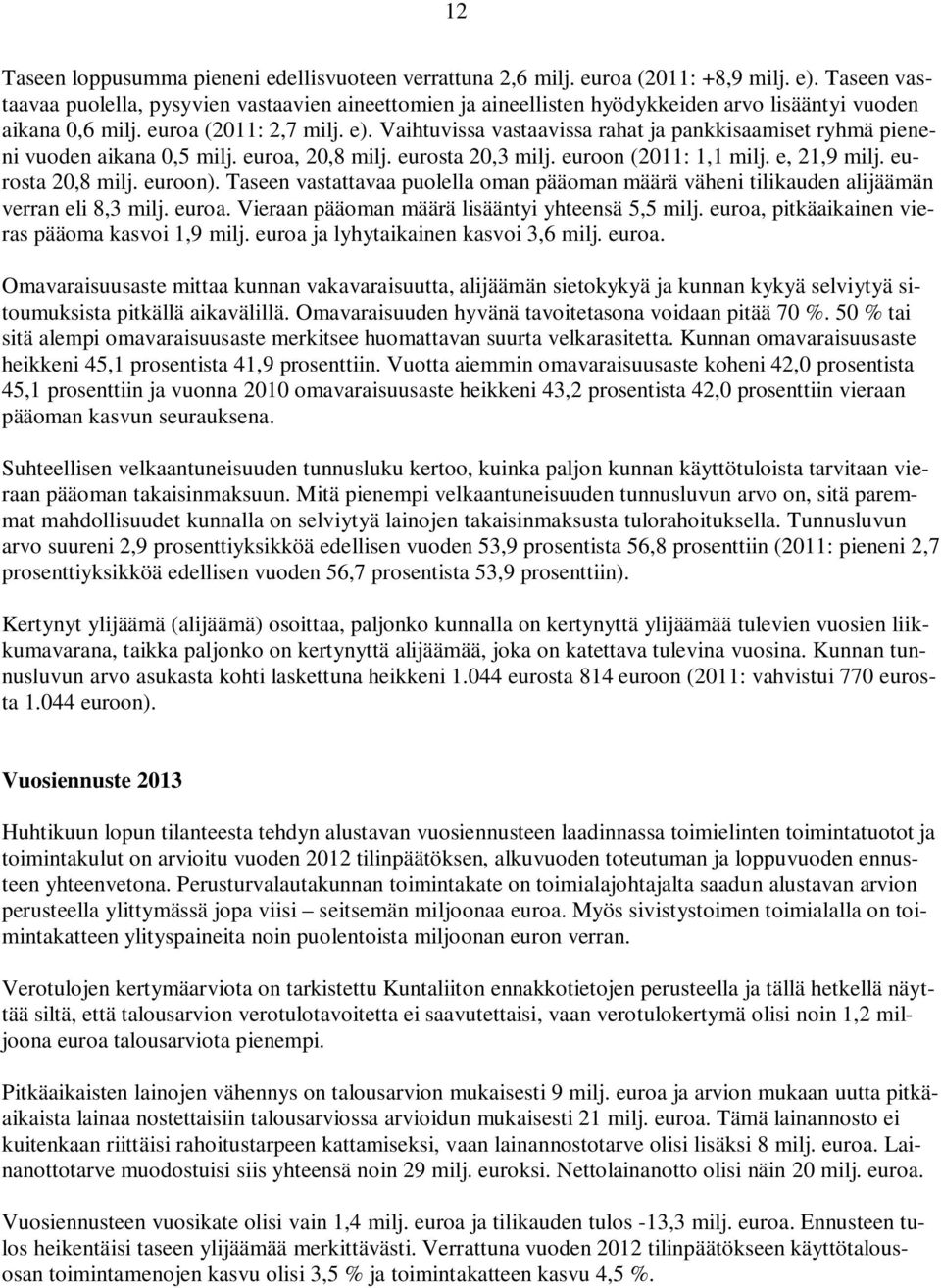 Vaihtuvissa vastaavissa rahat ja pankkisaamiset ryhmä pieneni vuoden aikana 0,5 milj. euroa, 20,8 milj. eurosta 20,3 milj. euroon (2011: 1,1 milj. e, 21,9 milj. eurosta 20,8 milj. euroon).