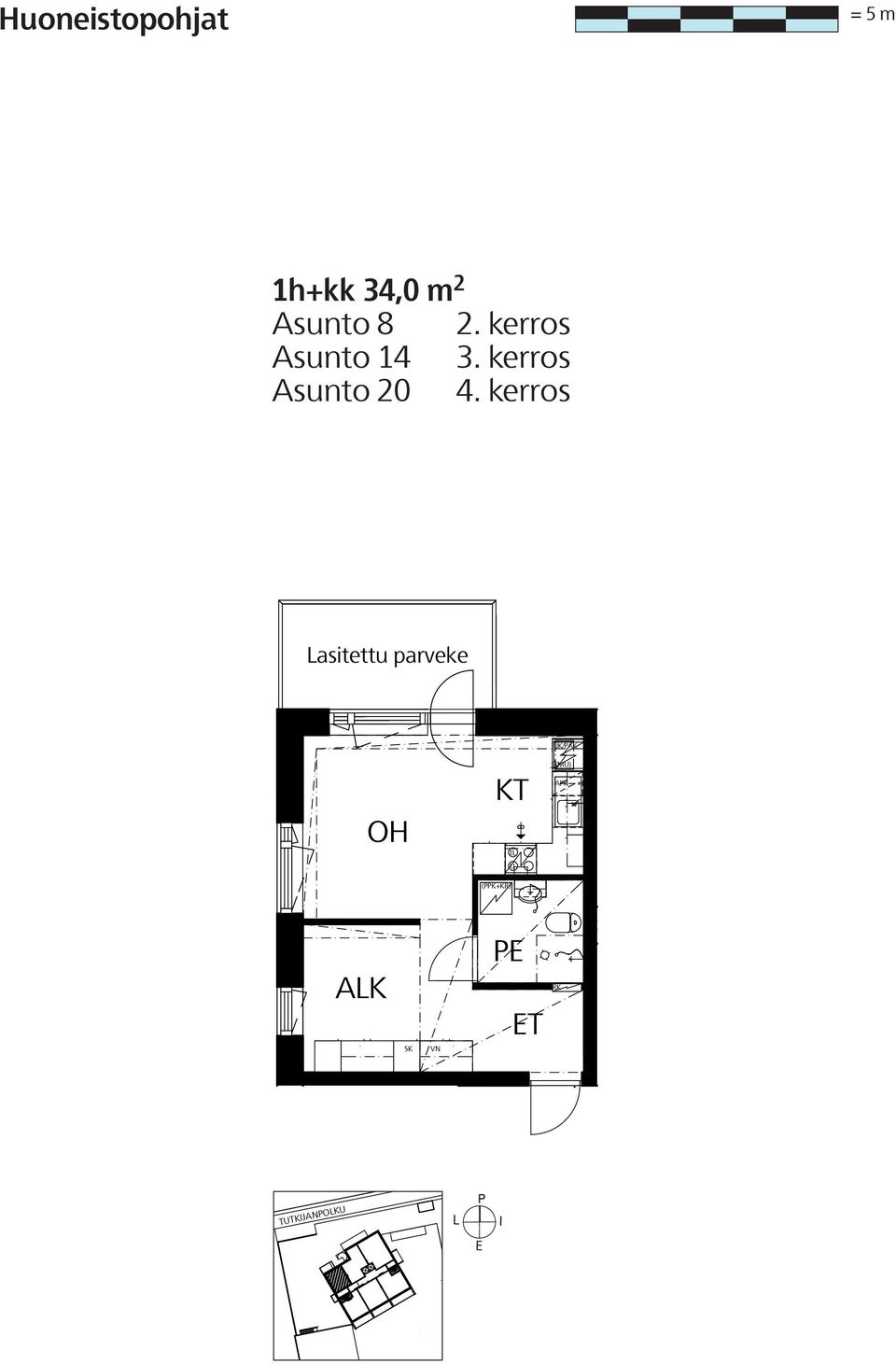 1h+kt+parveke 34,0m² Asunto 8 Asunto 14 Asunto 20 2. 3. 4.