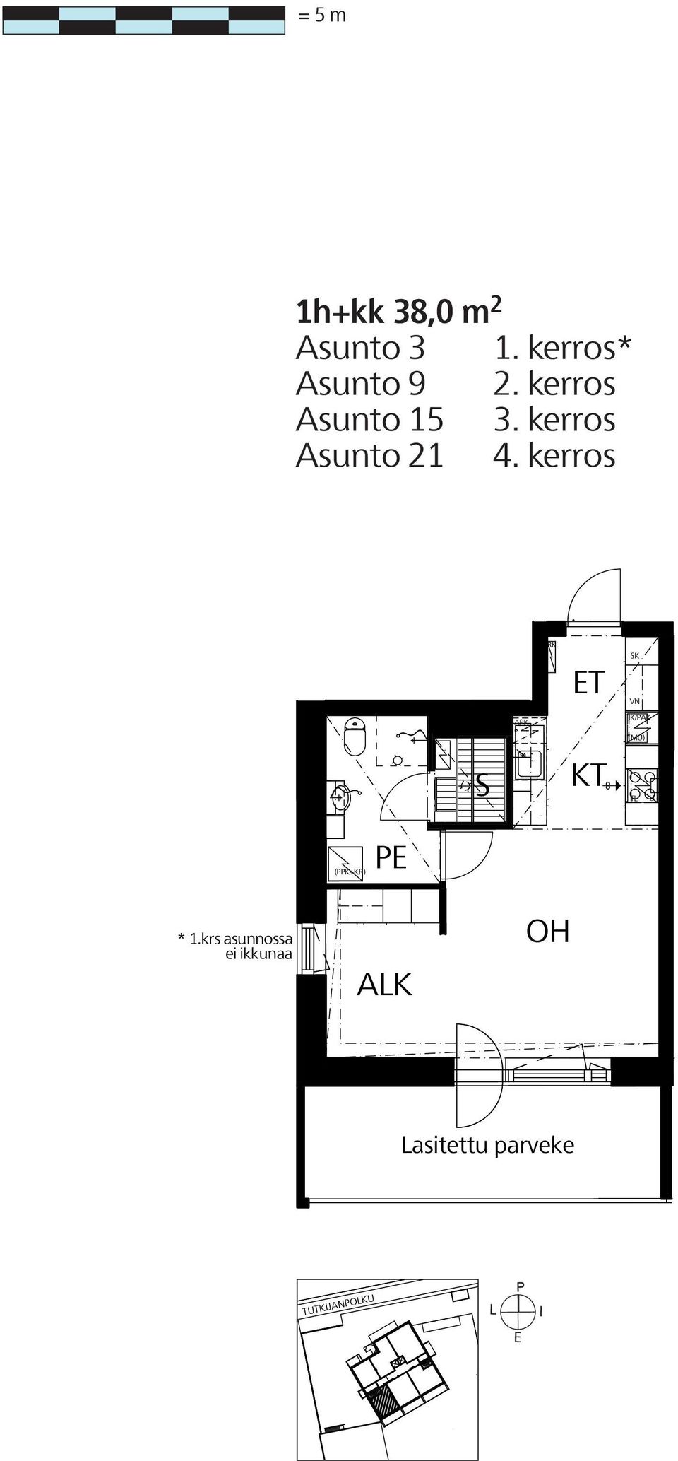 krs asunnossa ei ikkunaa As Oy Tampereen Matrix T 1h+kt+s+parveke 38,0m² Asunto 3 1.