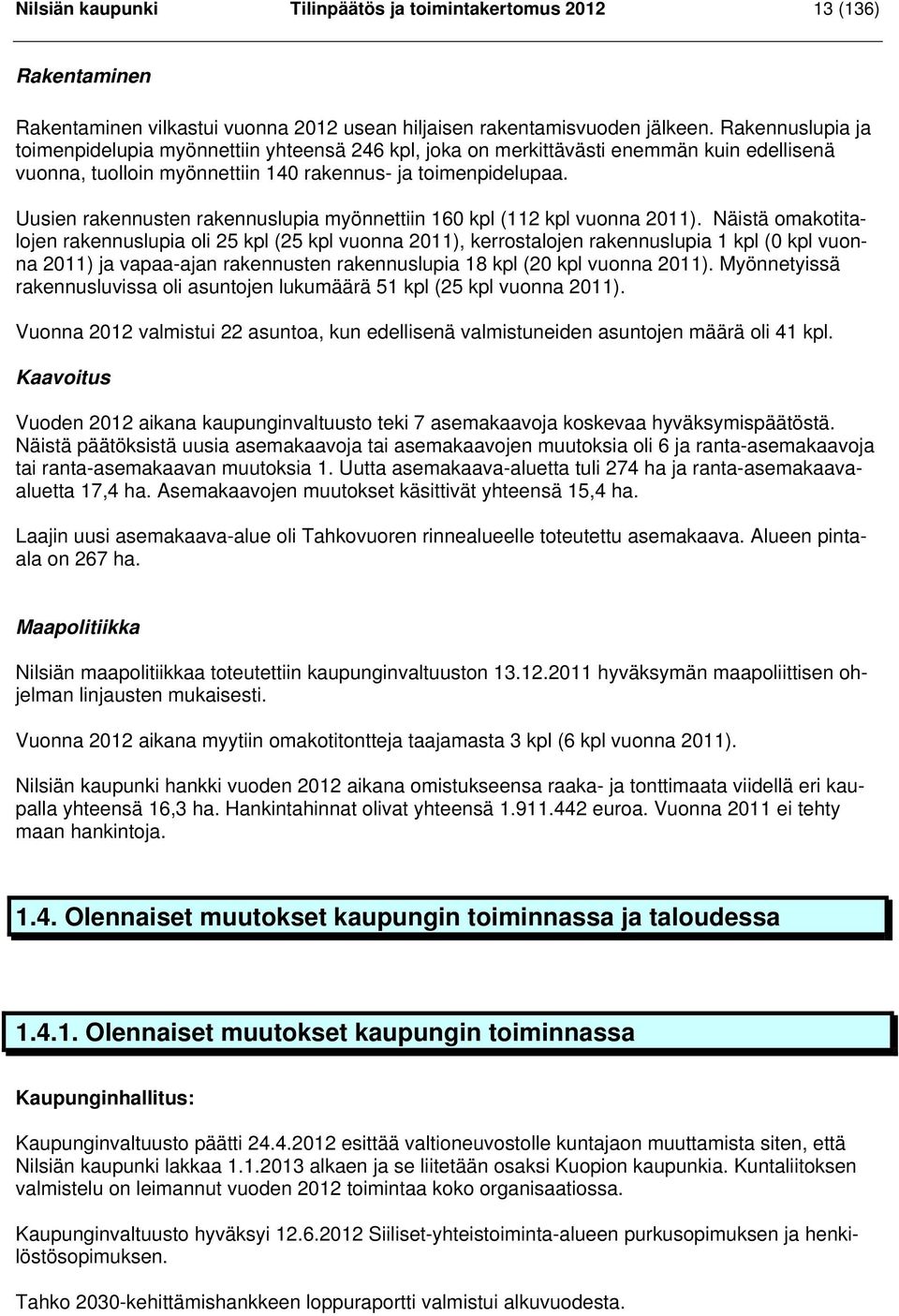 Uusien rakennusten rakennuslupia myönnettiin 160 kpl (112 kpl vuonna 2011).