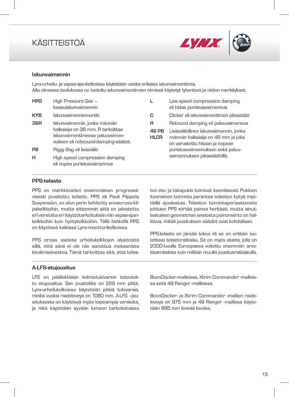 HPG High Pressure Gas kaasuiskunvaimennin KYB Iskunvaimenninmerkki 36R Iskunvaimennin, jonka männän halkaisija on 36 mm. R tarkoittaa iskunvaimentimessa paluuvaimennuksen eli rebeound-damping-säätöä.