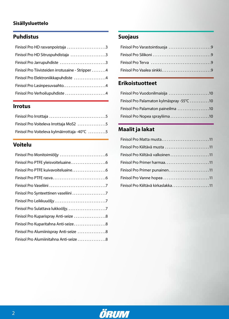 .. 5 Finisol Pro Voiteleva kylmäirrottaja -40 C... 5 Voitelu Finisol Pro Monitoimiöljy... 6 Finisol Pro PTFE yleisvoiteluaine... 6 Finisol Pro PTFE kuivavoiteluaine... 6 Finisol Pro PTFE rasva.