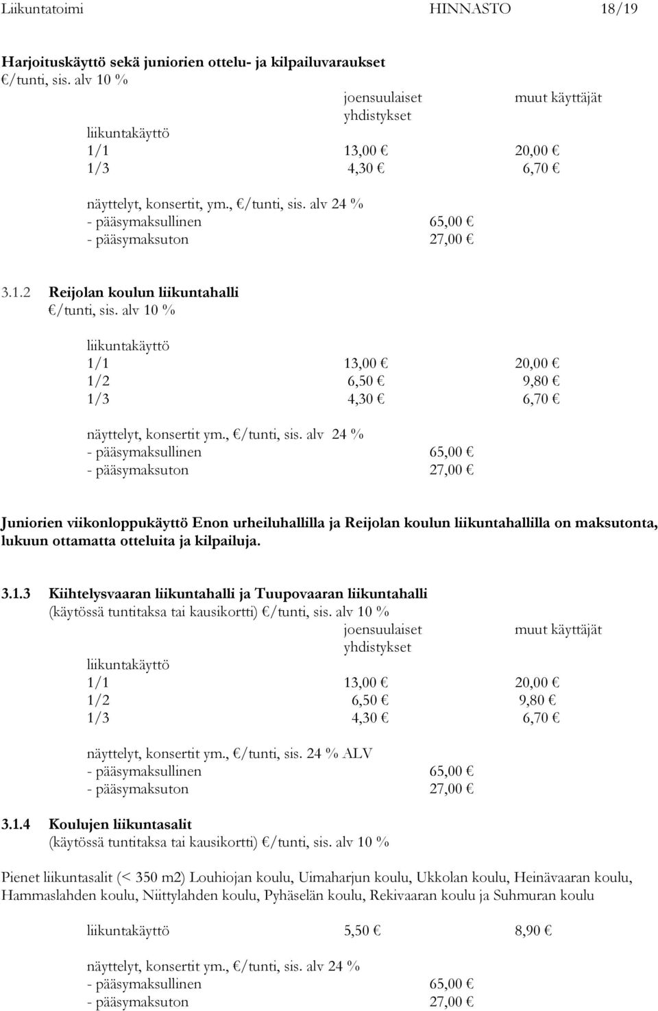 alv 24 % - pääsymaksullinen 65,00 - pääsymaksuton 27,00 Juniorien viikonloppukäyttö Enon urheiluhallilla ja Reijolan koulun liikuntahallilla on maksutonta, lukuun ottamatta otteluita ja kilpailuja. 3.