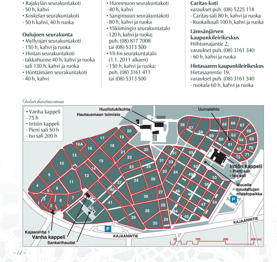 40 h, kahvi Sanginsuun seurakuntakoti - 80 h, kahvi ja ruoka Ylikiimingin seurakuntatalo - 120 h, kahvi ja ruoka; puh. (08) 817 7008 tai (08) 5313 500 Yli-Iin seurakuntatalo (1.1. 2011 alkaen) - 150 h, kahvi ja ruoka; puh.