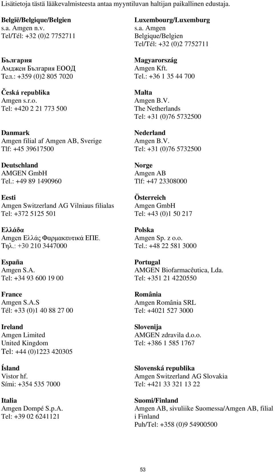 : +49 89 1490960 Eesti Amgen Switzerland AG Vilniaus filialas Tel: +372 5125 501 Ελλάδα Amgen Ελλάς Φαρμακευτικά ΕΠΕ. Τηλ.: +30 210 3447000 España Amgen S.A. Tel: +34 93 600 19 00 France Amgen S.A.S Tél: +33 (0)1 40 88 27 00 Ireland Amgen Limited United Kingdom Tel: +44 (0)1223 420305 Ísland Vistor hf.